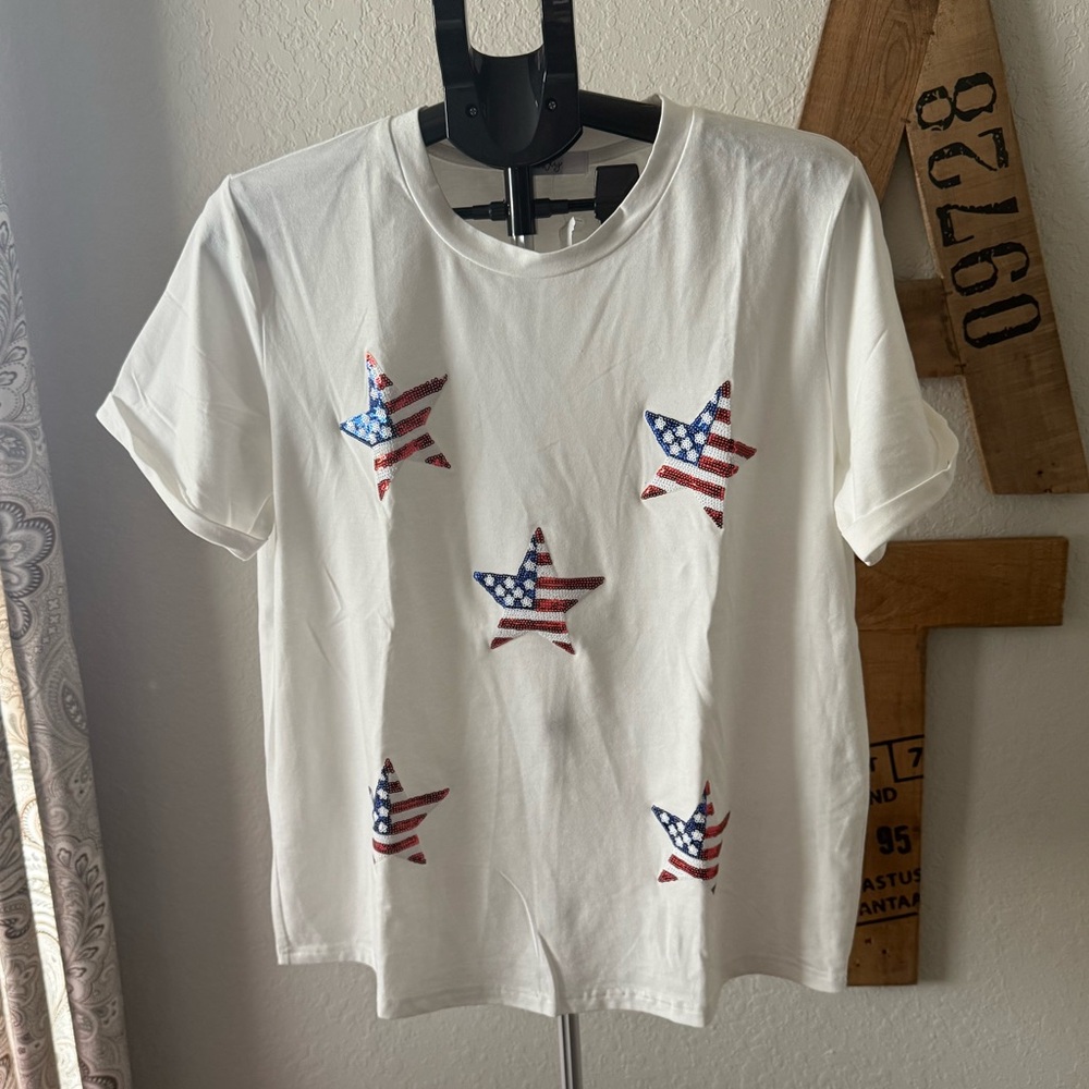 Bailey White T-Shirt with American Flag Stars NWT